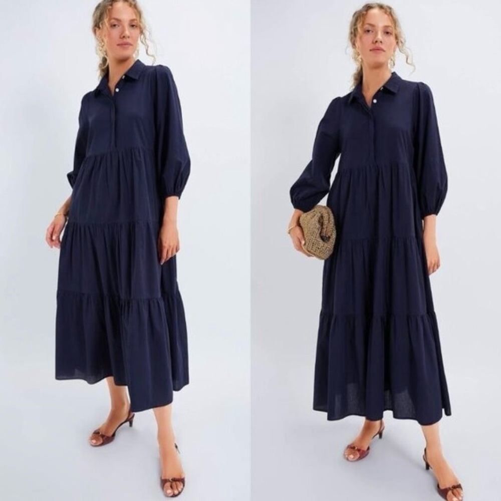 Pomander Place | NEW Navy Mabel Long Sleeve Preppy Collared Maxi Dress Size L